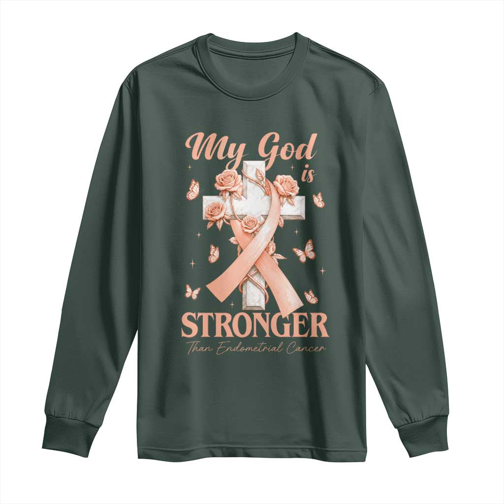 My God Is Stronger Than Endometrial Cancer Long Sleeve Shirt Christian Peach Ribbon