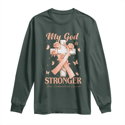 My God Is Stronger Than Endometrial Cancer Long Sleeve Shirt Christian Peach Ribbon