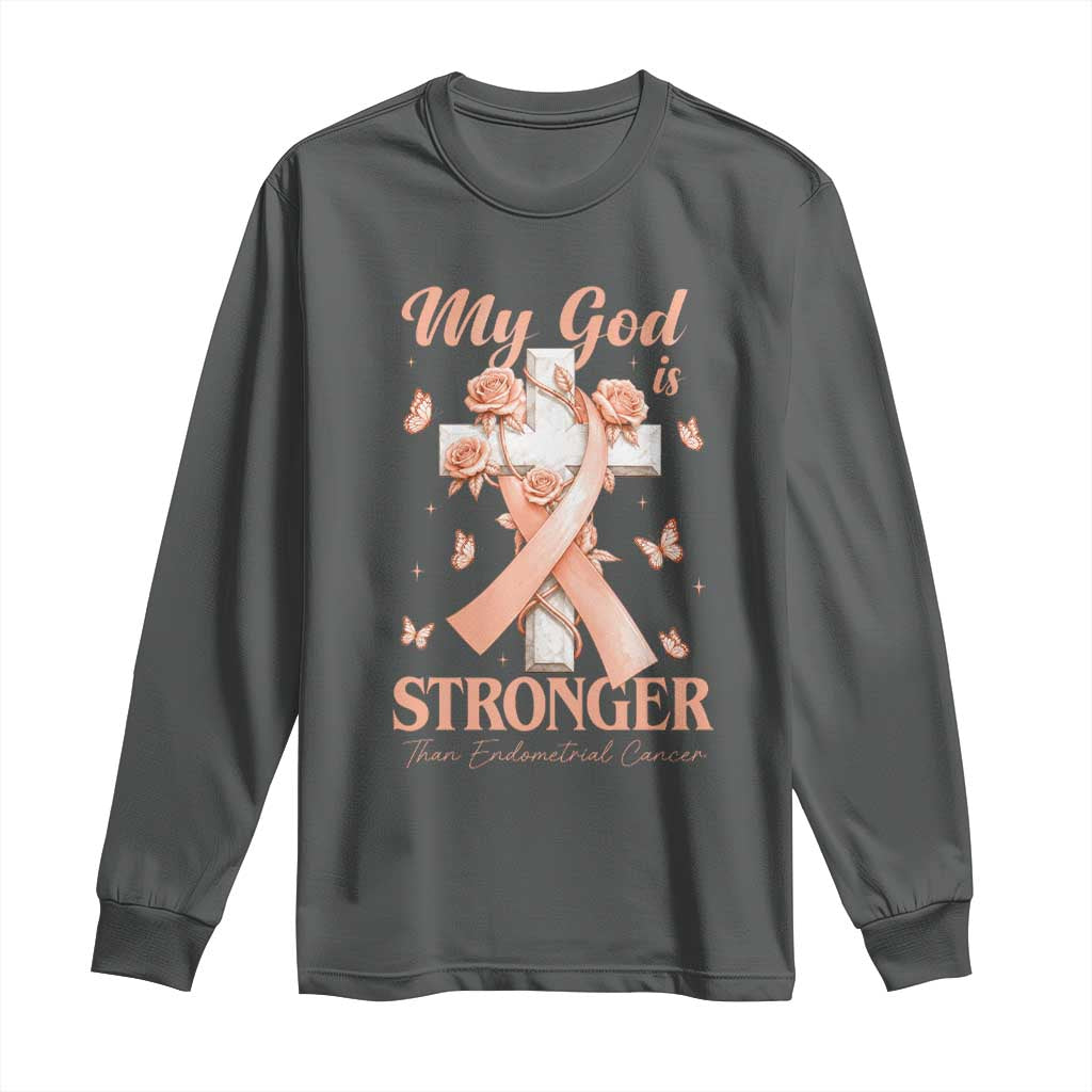 My God Is Stronger Than Endometrial Cancer Long Sleeve Shirt Christian Peach Ribbon