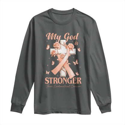 My God Is Stronger Than Endometrial Cancer Long Sleeve Shirt Christian Peach Ribbon