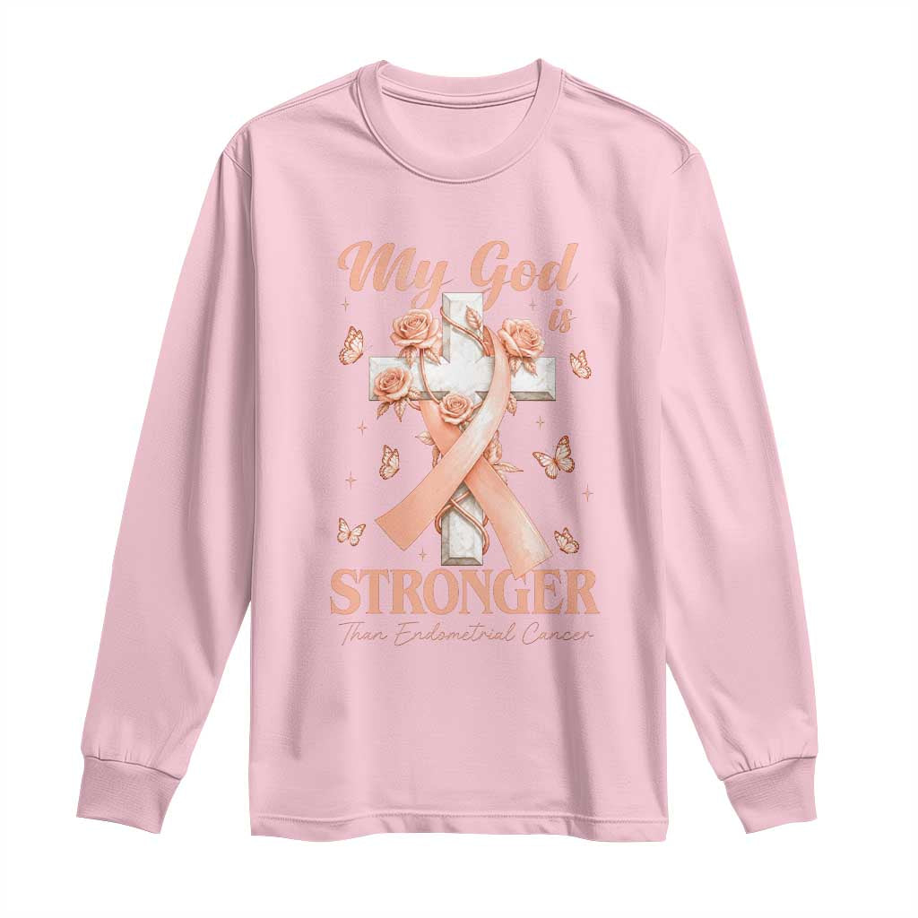 My God Is Stronger Than Endometrial Cancer Long Sleeve Shirt Christian Peach Ribbon