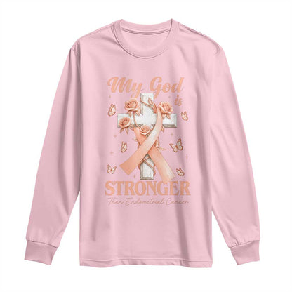 My God Is Stronger Than Endometrial Cancer Long Sleeve Shirt Christian Peach Ribbon