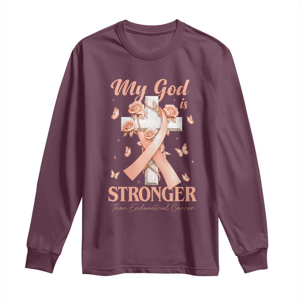 My God Is Stronger Than Endometrial Cancer Long Sleeve Shirt Christian Peach Ribbon