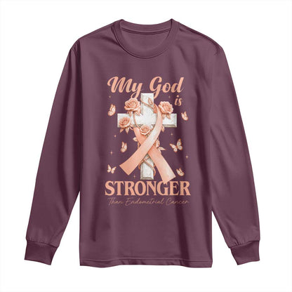 My God Is Stronger Than Endometrial Cancer Long Sleeve Shirt Christian Peach Ribbon