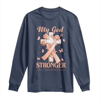 My God Is Stronger Than Endometrial Cancer Long Sleeve Shirt Christian Peach Ribbon