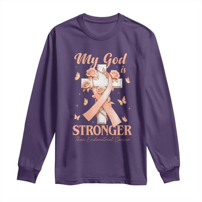 My God Is Stronger Than Endometrial Cancer Long Sleeve Shirt Christian Peach Ribbon