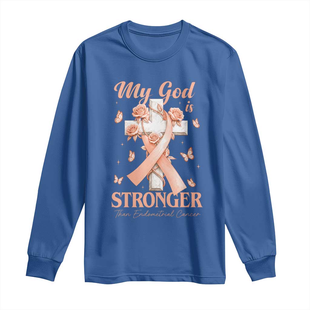 My God Is Stronger Than Endometrial Cancer Long Sleeve Shirt Christian Peach Ribbon