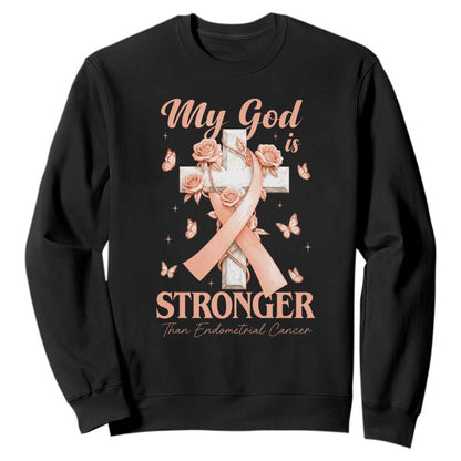 My God Is Stronger Than Endometrial Cancer Sweatshirt Christian Peach Ribbon