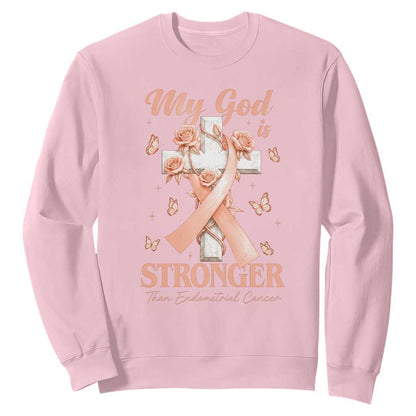 My God Is Stronger Than Endometrial Cancer Sweatshirt Christian Peach Ribbon