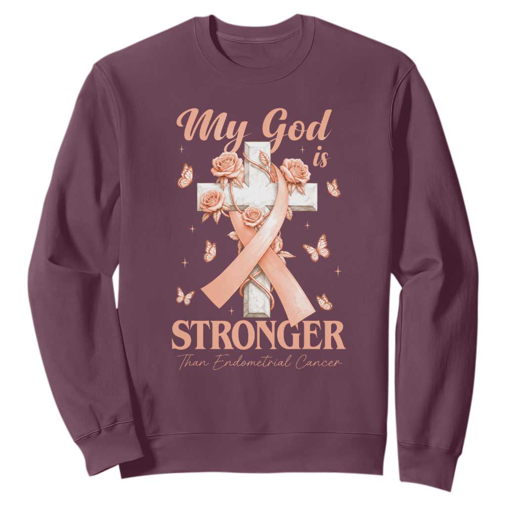 My God Is Stronger Than Endometrial Cancer Sweatshirt Christian Peach Ribbon
