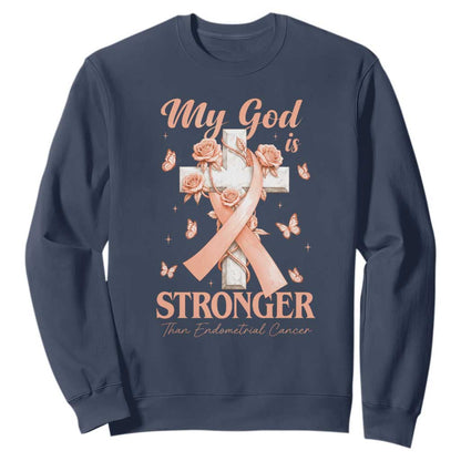 My God Is Stronger Than Endometrial Cancer Sweatshirt Christian Peach Ribbon