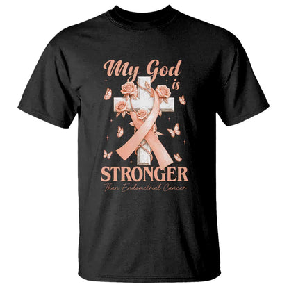 My God Is Stronger Than Endometrial Cancer T Shirt Christian Peach Ribbon