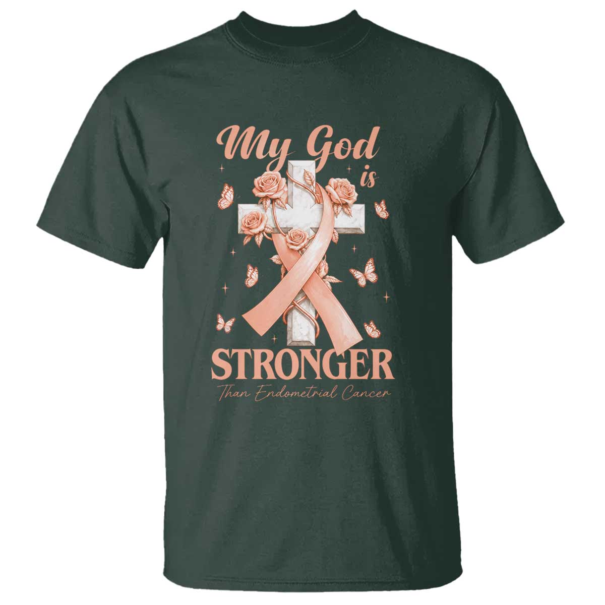 My God Is Stronger Than Endometrial Cancer T Shirt Christian Peach Ribbon