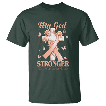 My God Is Stronger Than Endometrial Cancer T Shirt Christian Peach Ribbon
