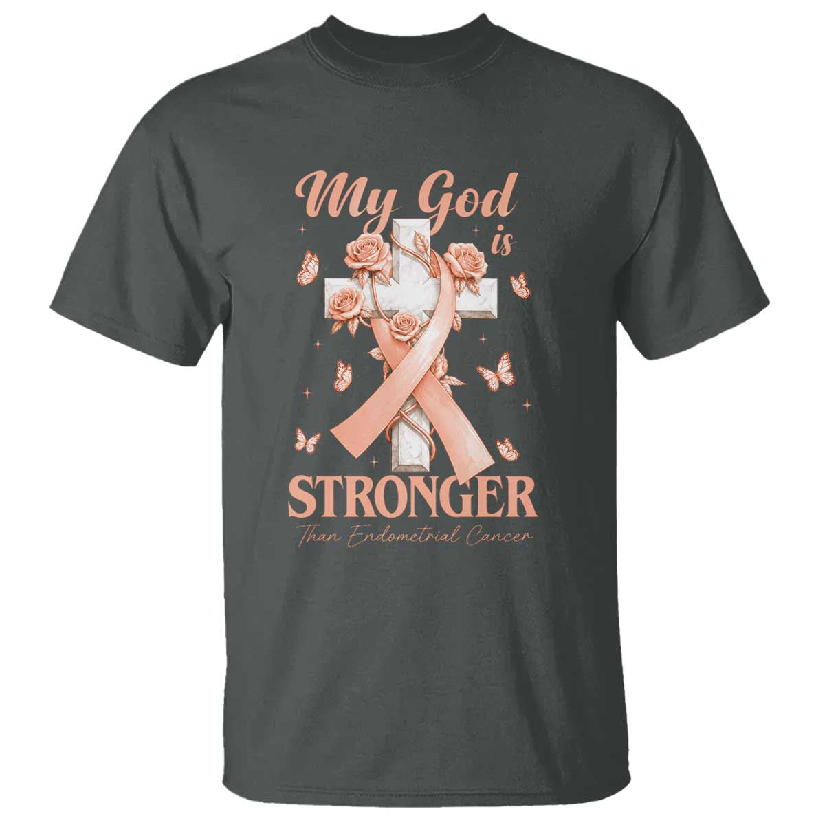 My God Is Stronger Than Endometrial Cancer T Shirt Christian Peach Ribbon