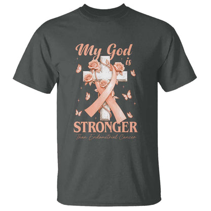 My God Is Stronger Than Endometrial Cancer T Shirt Christian Peach Ribbon