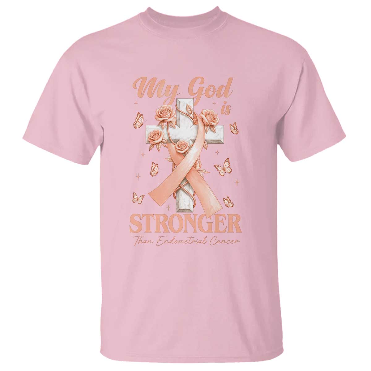 My God Is Stronger Than Endometrial Cancer T Shirt Christian Peach Ribbon