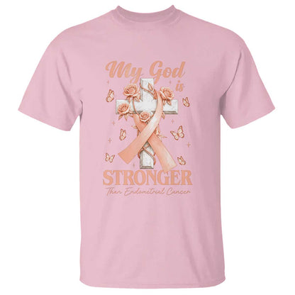 My God Is Stronger Than Endometrial Cancer T Shirt Christian Peach Ribbon