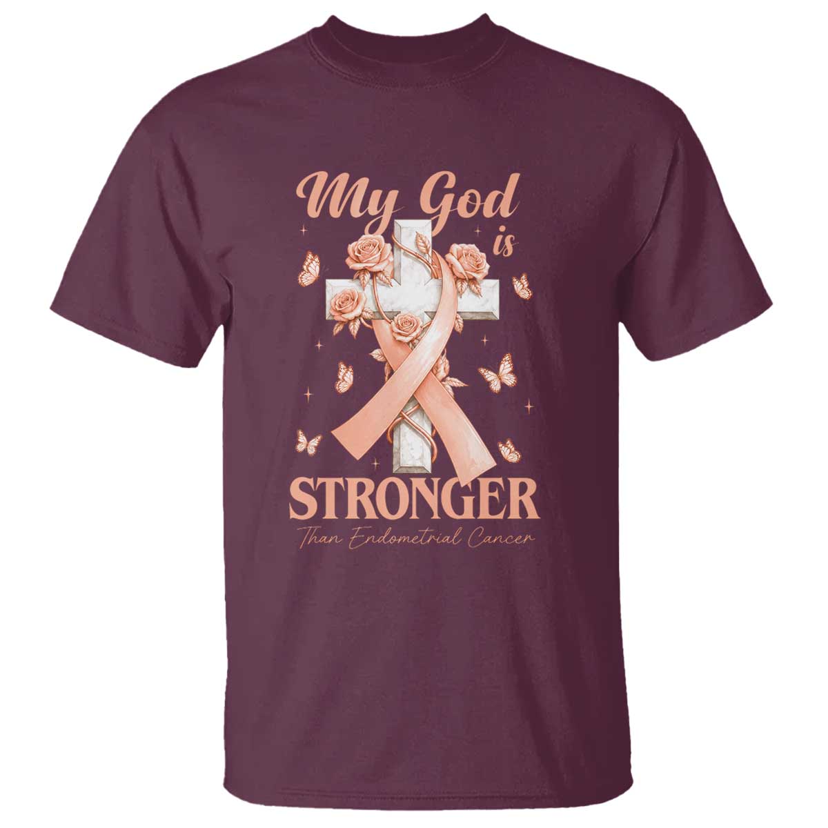 My God Is Stronger Than Endometrial Cancer T Shirt Christian Peach Ribbon