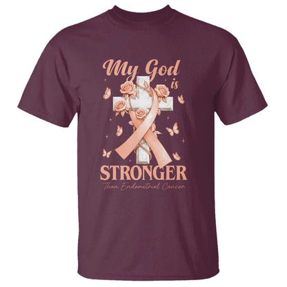 My God Is Stronger Than Endometrial Cancer T Shirt Christian Peach Ribbon