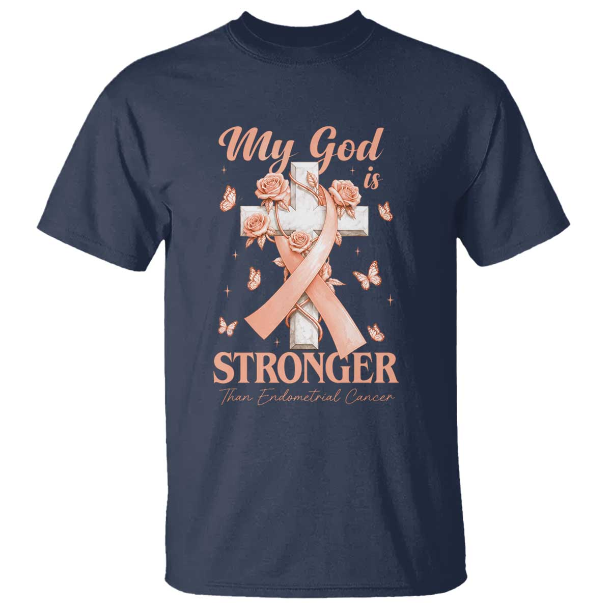 My God Is Stronger Than Endometrial Cancer T Shirt Christian Peach Ribbon