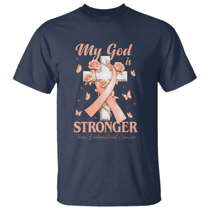 My God Is Stronger Than Endometrial Cancer T Shirt Christian Peach Ribbon