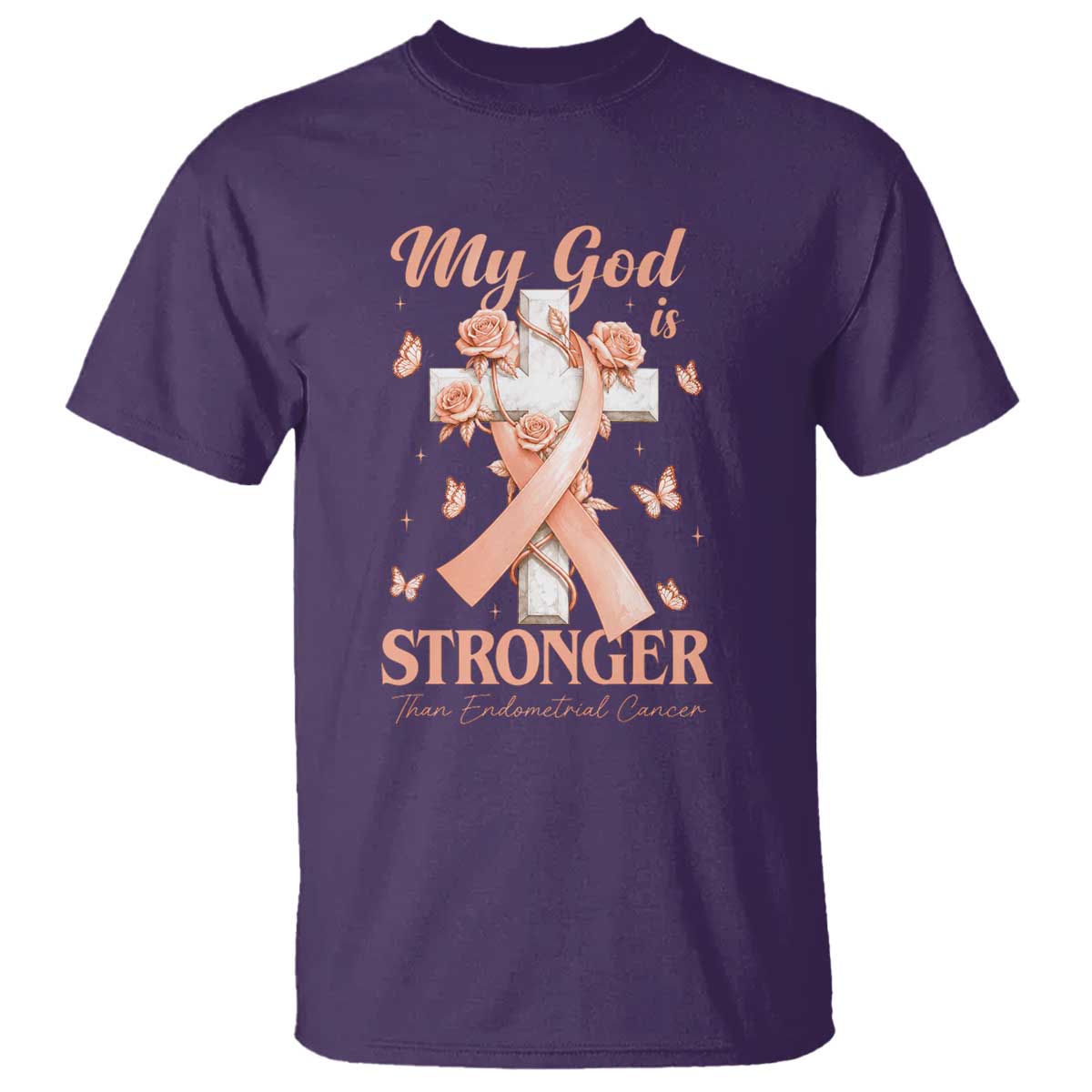 My God Is Stronger Than Endometrial Cancer T Shirt Christian Peach Ribbon