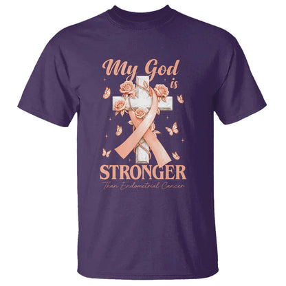 My God Is Stronger Than Endometrial Cancer T Shirt Christian Peach Ribbon