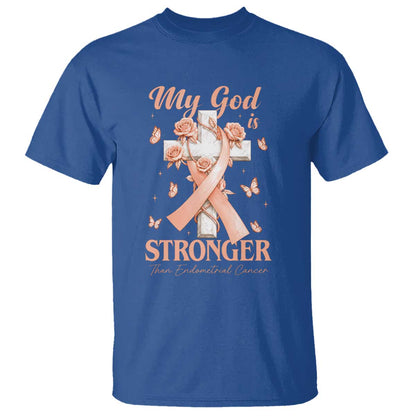 My God Is Stronger Than Endometrial Cancer T Shirt Christian Peach Ribbon