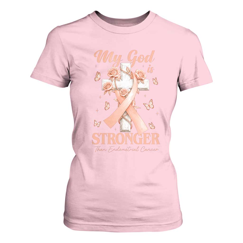 My God Is Stronger Than Endometrial Cancer T Shirt For Women Christian Peach Ribbon