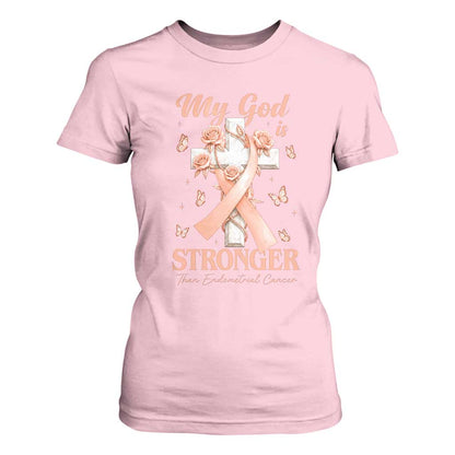 My God Is Stronger Than Endometrial Cancer T Shirt For Women Christian Peach Ribbon