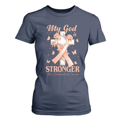 My God Is Stronger Than Endometrial Cancer T Shirt For Women Christian Peach Ribbon