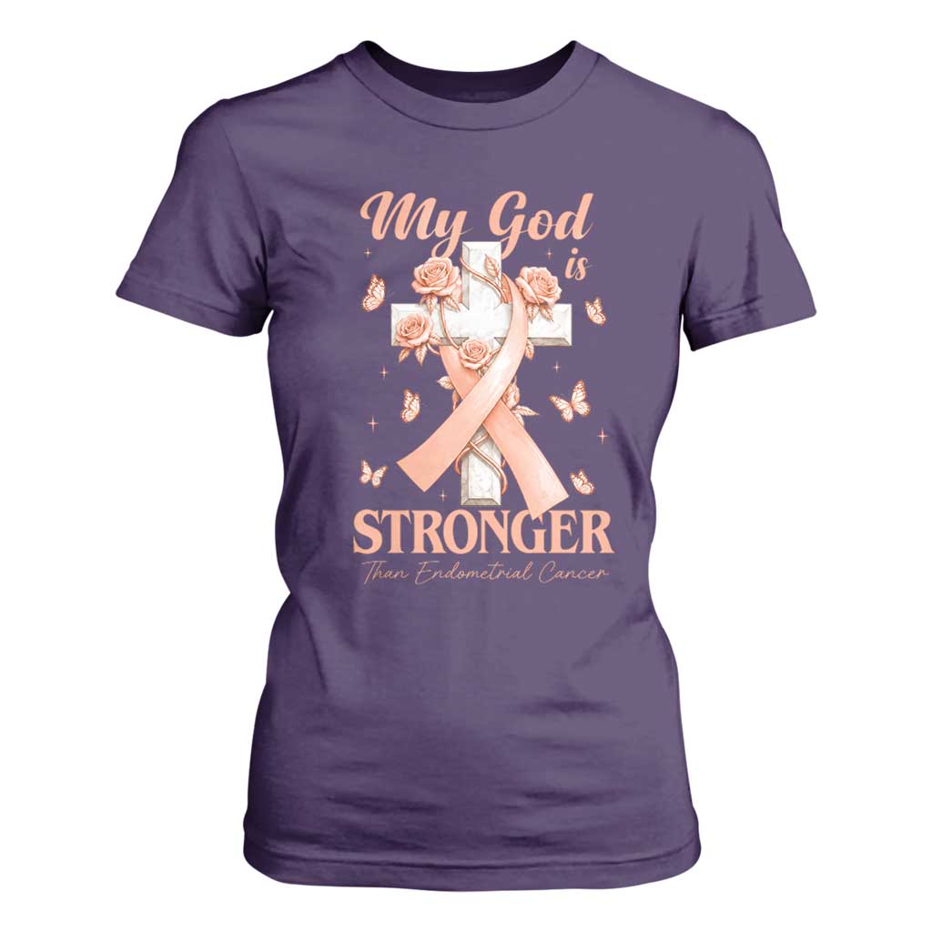 My God Is Stronger Than Endometrial Cancer T Shirt For Women Christian Peach Ribbon