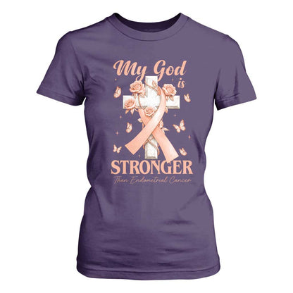 My God Is Stronger Than Endometrial Cancer T Shirt For Women Christian Peach Ribbon