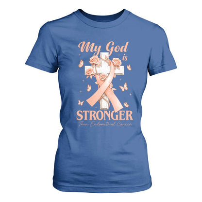 My God Is Stronger Than Endometrial Cancer T Shirt For Women Christian Peach Ribbon