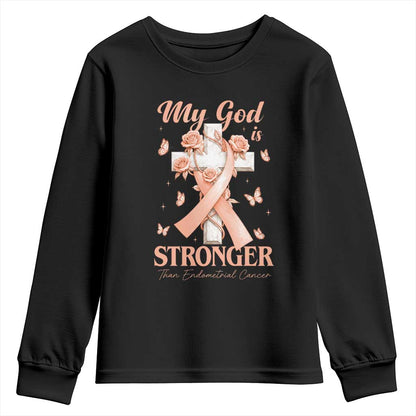 My God Is Stronger Than Endometrial Cancer Youth Sweatshirt Christian Peach Ribbon