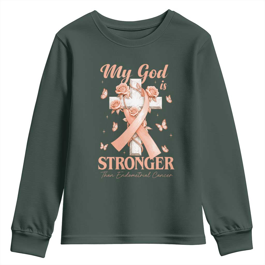 My God Is Stronger Than Endometrial Cancer Youth Sweatshirt Christian Peach Ribbon