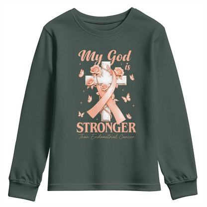 My God Is Stronger Than Endometrial Cancer Youth Sweatshirt Christian Peach Ribbon