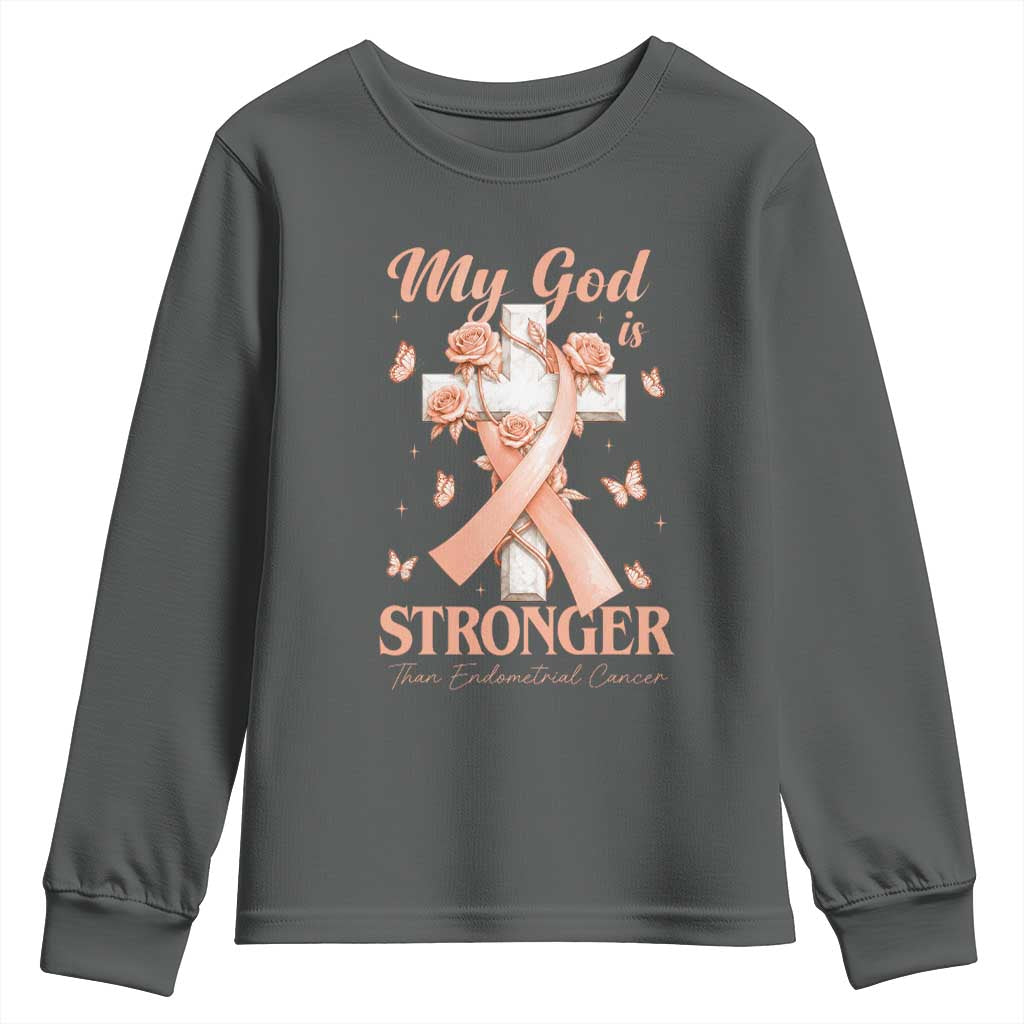 My God Is Stronger Than Endometrial Cancer Youth Sweatshirt Christian Peach Ribbon