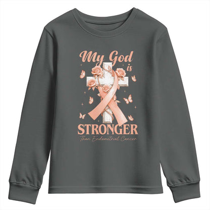 My God Is Stronger Than Endometrial Cancer Youth Sweatshirt Christian Peach Ribbon