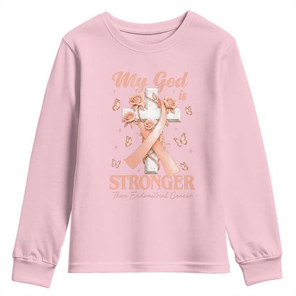 My God Is Stronger Than Endometrial Cancer Youth Sweatshirt Christian Peach Ribbon