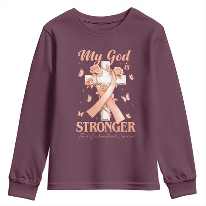 My God Is Stronger Than Endometrial Cancer Youth Sweatshirt Christian Peach Ribbon