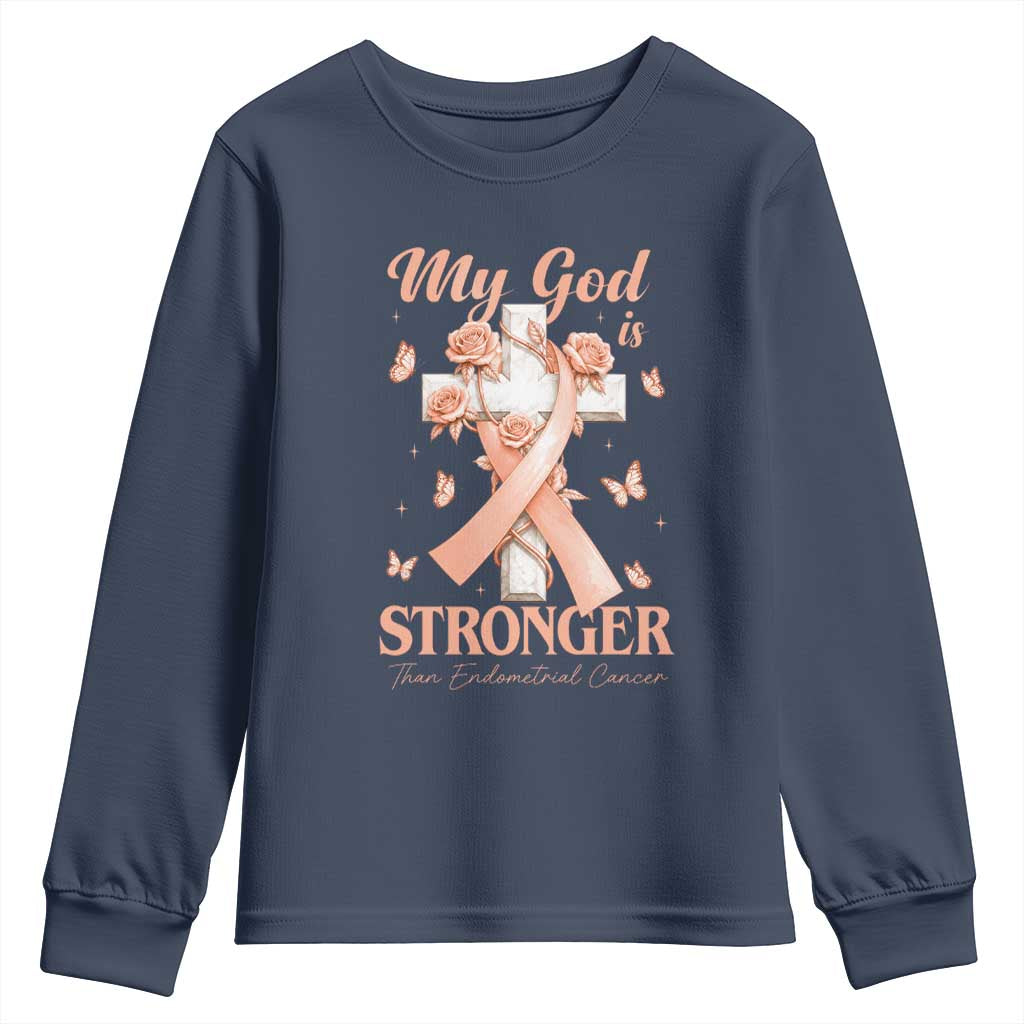 My God Is Stronger Than Endometrial Cancer Youth Sweatshirt Christian Peach Ribbon