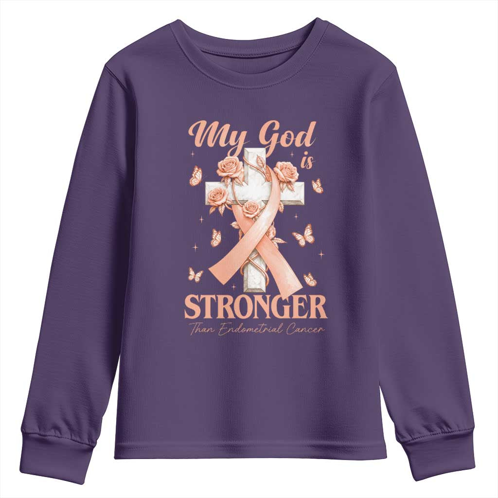 My God Is Stronger Than Endometrial Cancer Youth Sweatshirt Christian Peach Ribbon