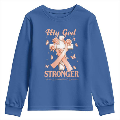 My God Is Stronger Than Endometrial Cancer Youth Sweatshirt Christian Peach Ribbon
