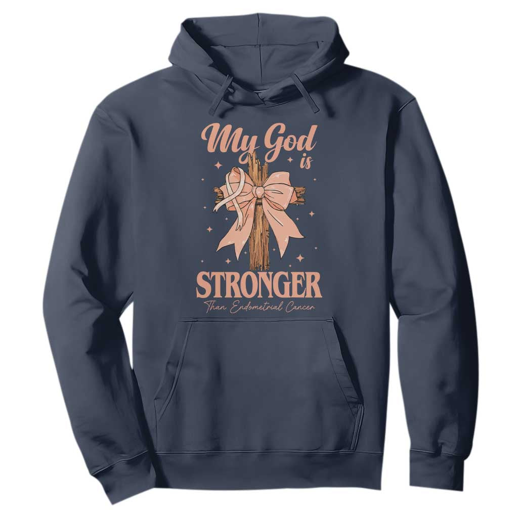 Endometrial Cancer Faith Peach Ribbon Hoodie My God Is Stronger Than Endometrial Cancer