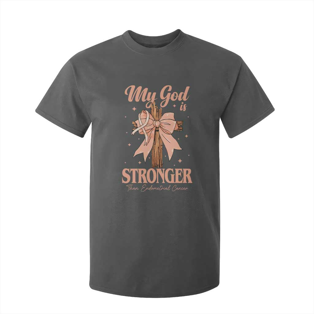 Endometrial Cancer Faith Peach Ribbon T Shirt For Kid My God Is Stronger Than Endometrial Cancer