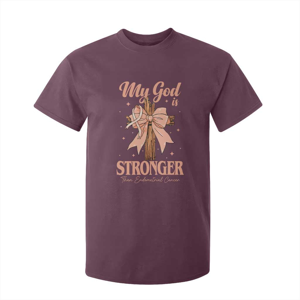 Endometrial Cancer Faith Peach Ribbon T Shirt For Kid My God Is Stronger Than Endometrial Cancer