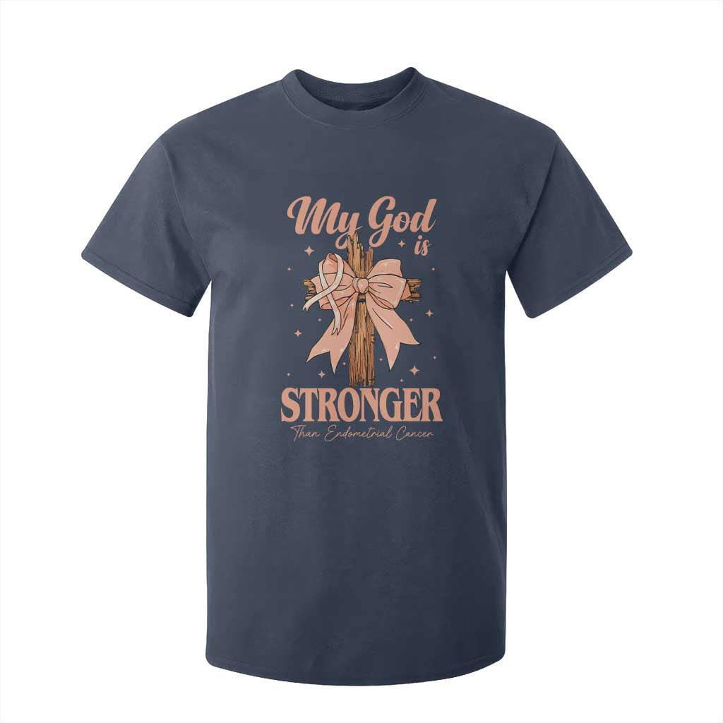 Endometrial Cancer Faith Peach Ribbon T Shirt For Kid My God Is Stronger Than Endometrial Cancer