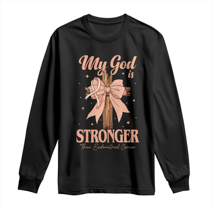 Endometrial Cancer Faith Peach Ribbon Long Sleeve Shirt My God Is Stronger Than Endometrial Cancer